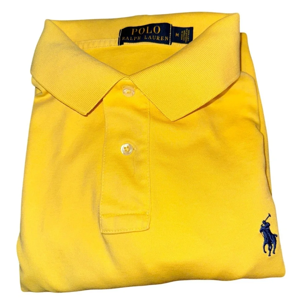 Polo Ralph Lauren Mens Yellow Short Sleeve Jersey Polo Shirt Size M Navy Pony
